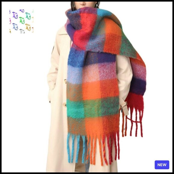 Accessories - Chunky Knit Oversized Scarf Shawl Warm Winter Plaid Checked Elegant